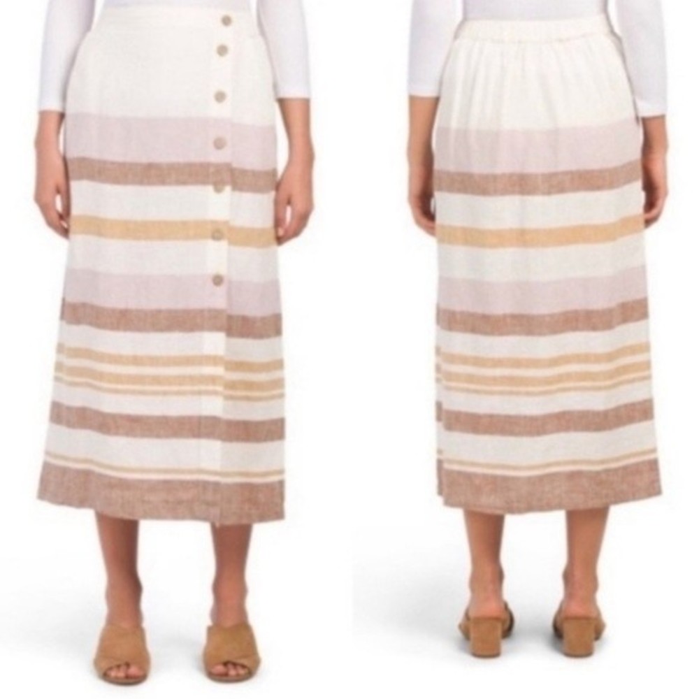 Rachel Zoe Tan Striped Purple Brown 100% Linen Maxi Skirt Sz XL Side Slit